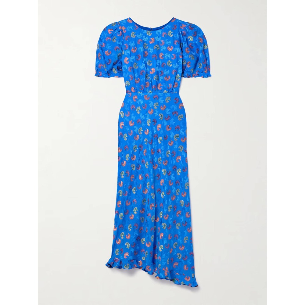 Saloni Vida Silk Satin Floral Jacquard Midi Dress Puff Sleeve‎ Cobalt Blue - Picture 2 of 9